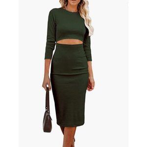 Pretty Garden Bodycon Midi Dress XL Green Cut Out Ribbed Knit 3/4 Sleeves